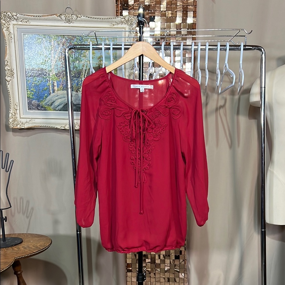 Max Studio Maroon Sheer Embroidered 3/4 Sleeve Blouse Size Medium P2P 18-20”